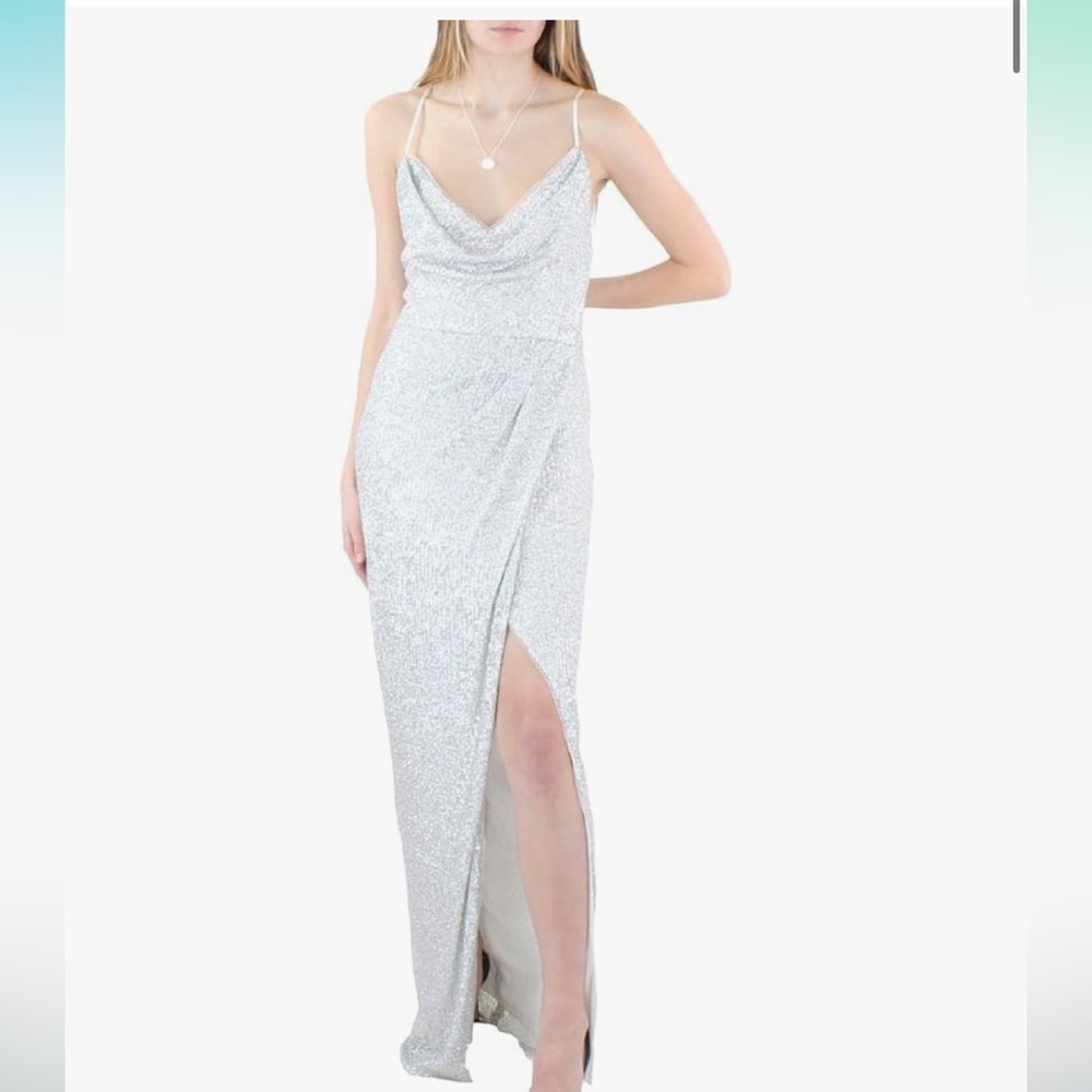 Aidan Mattox Silver Sequined Prom Dress